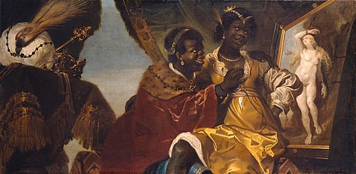 Persina sitting on Hydaspes' lap looking at a painting of Andromeda chained to the rock (Heliodorus:, 1640, Karel van Mander III