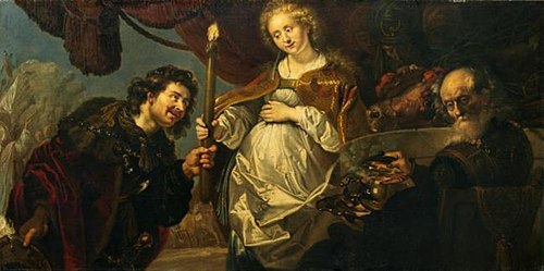 Chariclea handing over a torch to Theagenes to light the sacrificial fire (Heliodorus: Aethiopica), 1640, Karel van Mander III