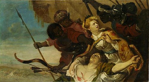 Chariclea nursing the wounded Theagenes in the midst of advancing Egyptian robbers (Heliodorus: Aeth, 1640, Karel van Mander III