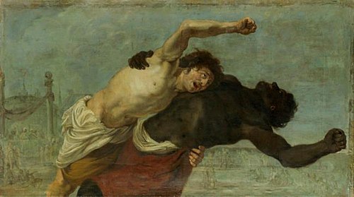 Theagenes fighting an Ethiopian giant (Heliodorus: Aethiopica), 1640, Karel van Mander III