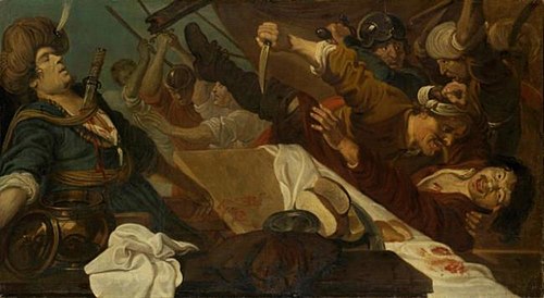Struggle among the pirates; Pelorus stabbing his rival Trachinos (Heliodorus: Aethiopica), 1640, Karel van Mander III