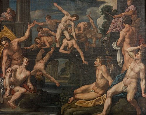 Unge mænd brydes på en bro. Allegori, 1622, Reinholt Thim