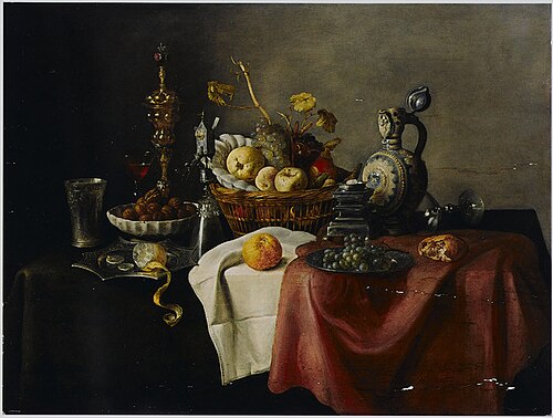 Still life with gilt beaker in a bowl of walnuts and a basket of fruit with other objects on a table, 1650, Cornelis Mahu