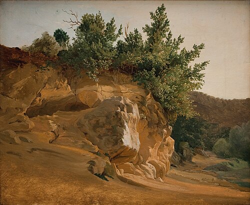 Paysage montagneux en Italie avec rocher, probablement près d'Olevano, 1832, Ernst Christian Frederik Petzholdt