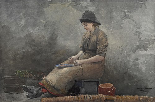 A Fishergirl Baiting Lines, 1881, Winslow Homer