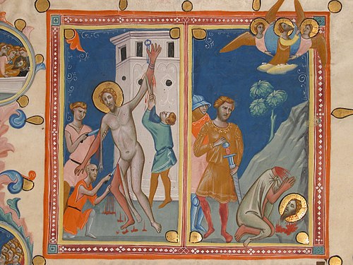 Manuscript Leaf with the Martyrdom of Saint Bartholomew, from a Laudario, 1340, Pacino di Bonaguida