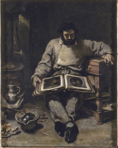 Marc Trapadoux examinant un livre d'estampes, 1849, Gustave Courbet