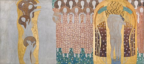Beethoven Frieze (plate 8, right wall): Yearning for happiness is assuaged in poetry, 1901, Gustav Klimt