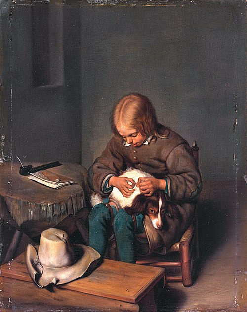Boy fleaing a dog, 1728, Gerard ter Borch