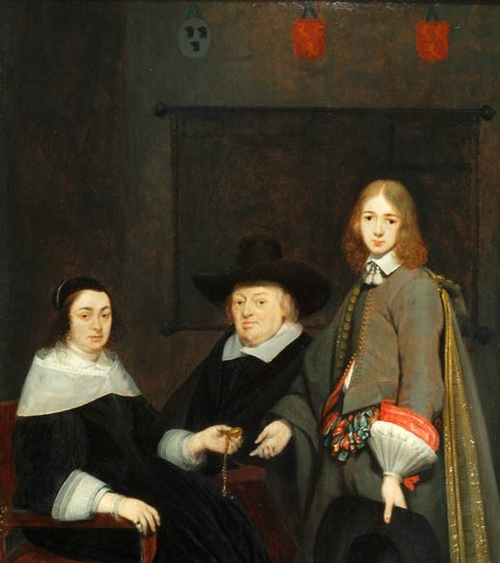 Family portrait of Antonie Charles de Liedekercke, wife Willemina van Braeckel and son Samuel, 1650, Gerard ter Borch