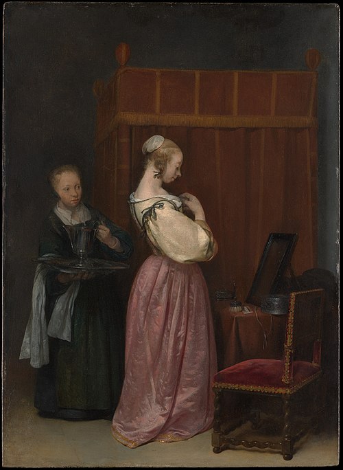 A Young Woman at Her Toilet with a Maid, 1650, Gerard ter Borch