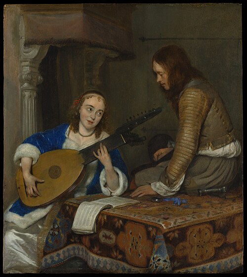 A Woman Playing the Theorbo-Lute and a Cavalier, 1658, Gerard ter Borch