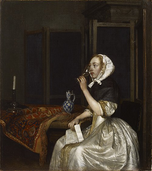 Young woman with a glass of wine, holding a letter in her hand, 1659, Gerard ter Borch