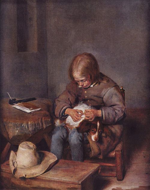 Boy Cleaning His Dog's Coat, 1655, Gerard ter Borch