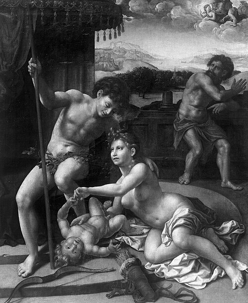 Mythological scene / volcano surprises Mars and Venus, , Jan Mabuse