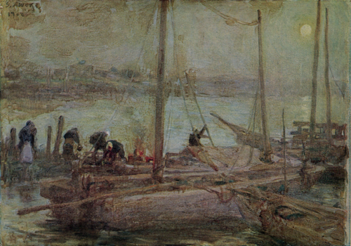 Ships at Anchor under the Moon, 1908, Shigeru Aoki