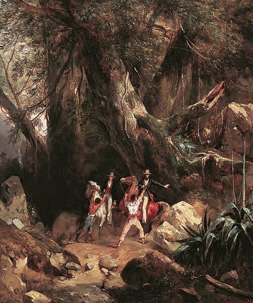 European travellers ambushed in a forest, 1835, Jules Coignet