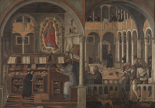 Het visioen van de H. Hieronymus aan de H. Augustinus en de ontdekking van het meel in een klooster , 1505, Giovanni di Niccolò Mansueti