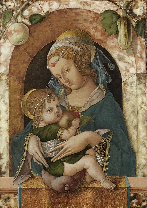 The Madonna and Child at a marble parapet, an apple ad a gourd hanging from a niche behind, , Carlo Crivelli