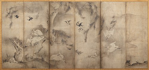 Egrets in Willow [left of the pair Egrets in Plum and Willow], , Sesson Shukei