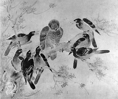 Mynah Birds Attacking an Owl, 1834, Sesson Shukei