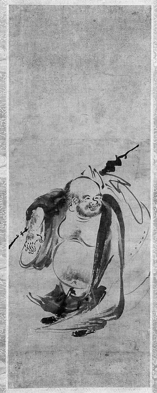 Hotei, flanked by panels of birds, 1483, Kenkō Shōkei