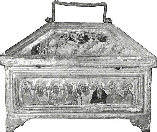 The Virgin and Saint Elizabeth with the Infant Saint John (casket lid, back); The Four Evangelists w, 1360, Simone dei Crocifissi