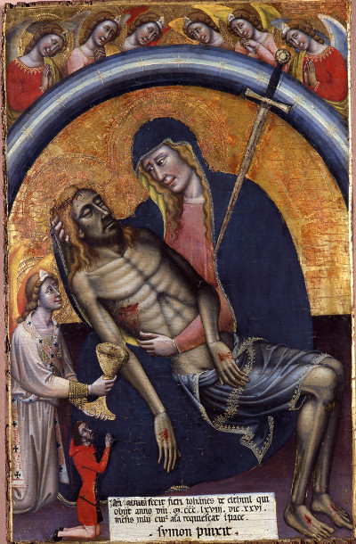 La pietà, angeli e il committente Giovanni da Ethinl, 1368, Simone dei Crocifissi