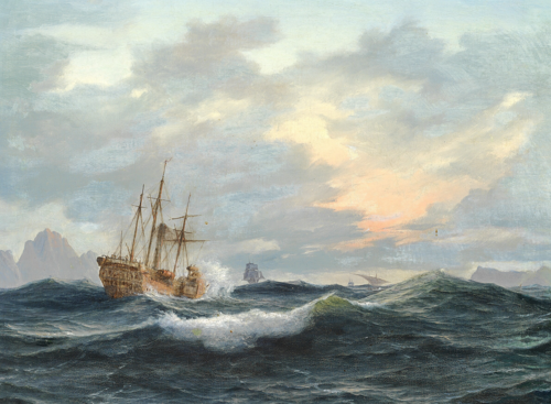 A paddle steamer and some sailing ships at sea., 1845, Anton Melbye
