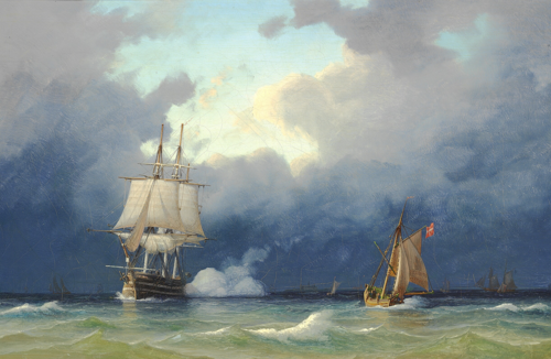 Ships at sea in a gathering storm., 1850, Anton Melbye