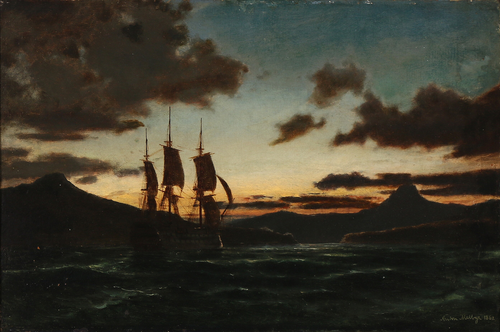 Night scene with a ship of the line in a bay., 1862, Anton Melbye