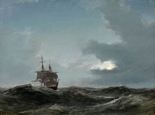 A moonlit sailing ship., 1847, Anton Melbye