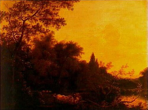 Herders met vee bij een rivier in een boslandschap, 1670, Adam Colonia