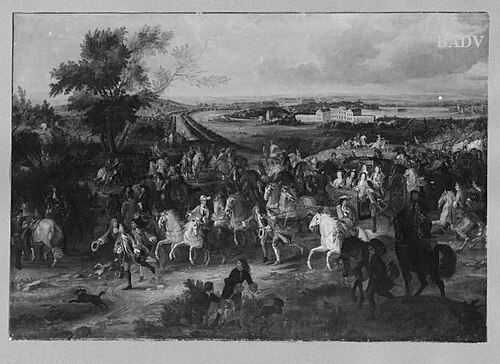 Cortège royal, avec vue sur les châteaux de Clagny et de Versailles, 1656, Adam François van der Meulen