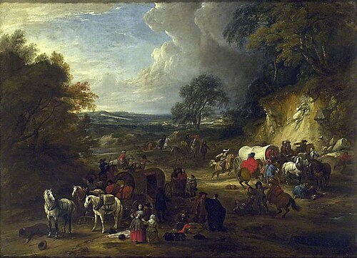 Landscape with Bandits attacking a Convoy of Travellers, , Adam François van der Meulen