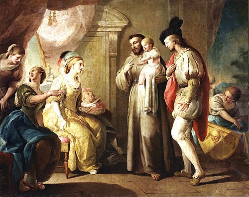 San Francisco con un niño en los brazos delante de tres damas, 1789, José Camarón Boronat