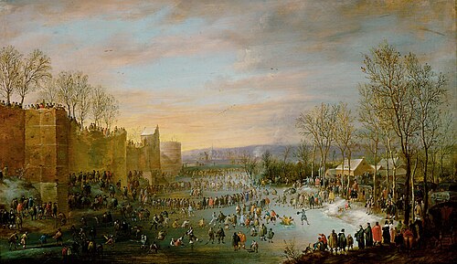 Ice skating on the city moat of Brussels with Archduke Leopold Wilhelm watching, 1649, Robert van den Hoecke