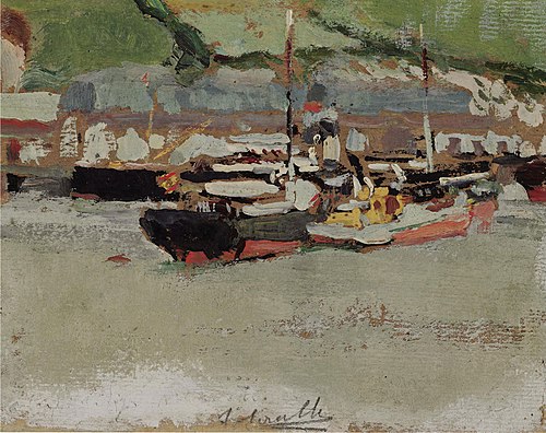 Boats in a harbor, , Joaquín Sorolla