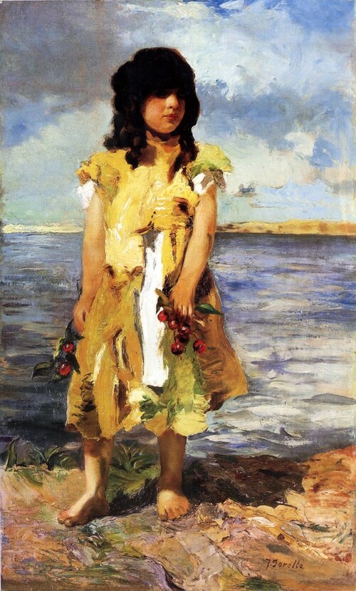 Une petite gitane avec des cerises (Une fille sur la plage)., 1900, Joaquín Sorolla
