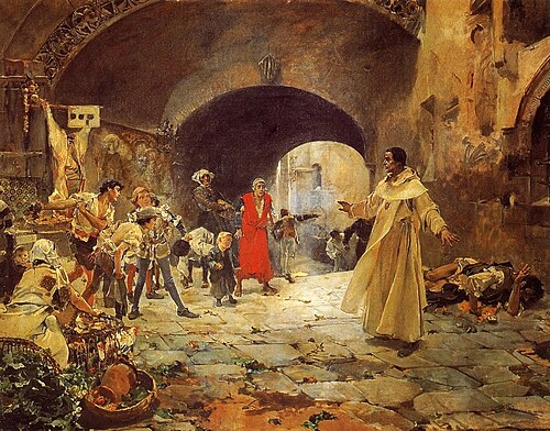 Padre Jofré defending a crazy, 1887, Joaquín Sorolla