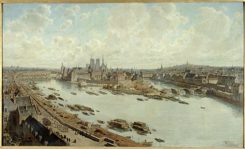 Vue panoramique de Paris en 1588, depuis les toits du Louvre, avec le Pont-Neuf en construction, 1890, Theodor Josef Hubert Hoffbauer