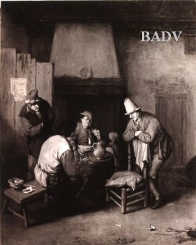 Vier trinkende und rauchende Bauern, hinten am Kamin eine Frau, 1635, Adriaen van Ostade