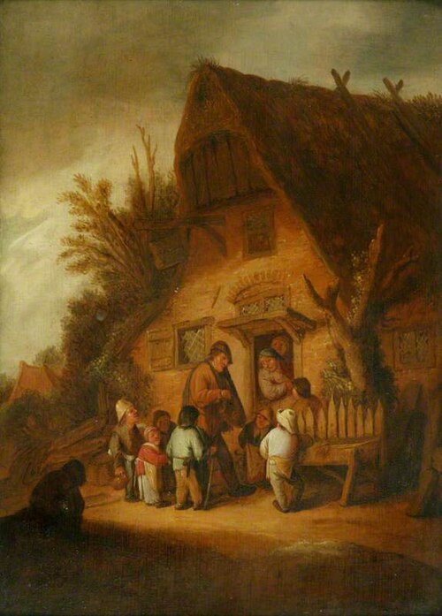 An Itinerant Musician Playing the Hurdy-Gurdy to a Group of Children Outside an Inn Door, 1672, Adriaen van Ostade