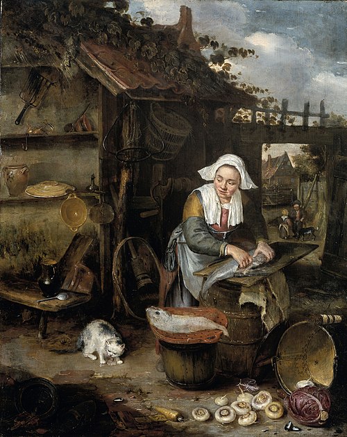 A housewife cleaning fish in a courtyard, 1644, Adriaen van Ostade