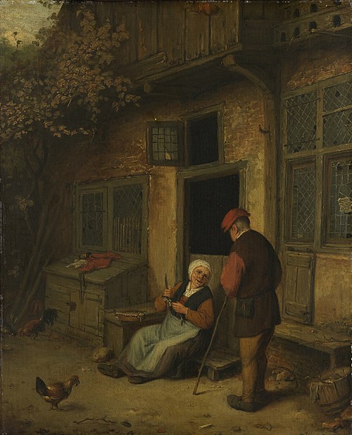 A woman gutting herring in front of her house, 1675, Adriaen van Ostade
