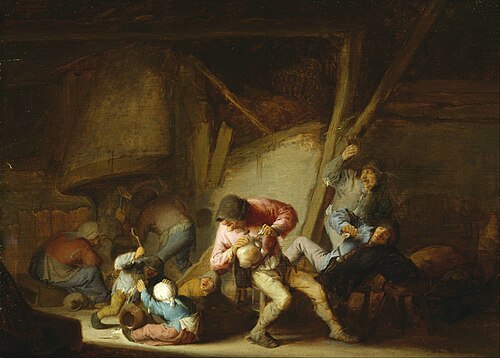 Interior with Drinking Figures and Crying Children, 1634, Adriaen van Ostade