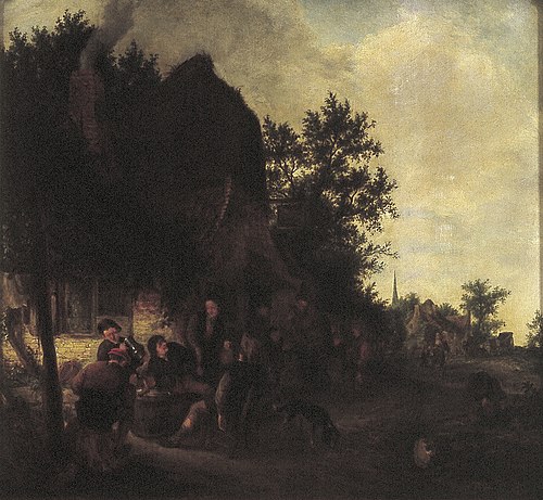 Peasants drinking before an inn, 1657, Adriaen van Ostade