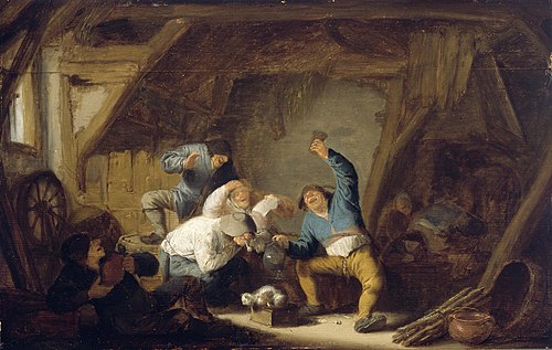 Boors Drinking in a Barn, 1635, Adriaen van Ostade