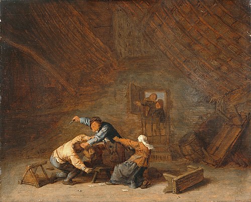 Interior of a Barn with Two Peasants Fighting, 1658, Adriaen van Ostade