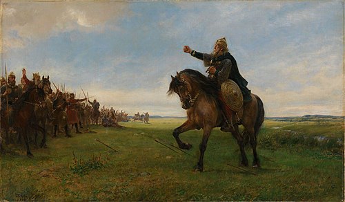 Gissur den gamle utfordrer hunnerne på kong Angantyrs vegne, 1886, Peter Nicolai Arbo